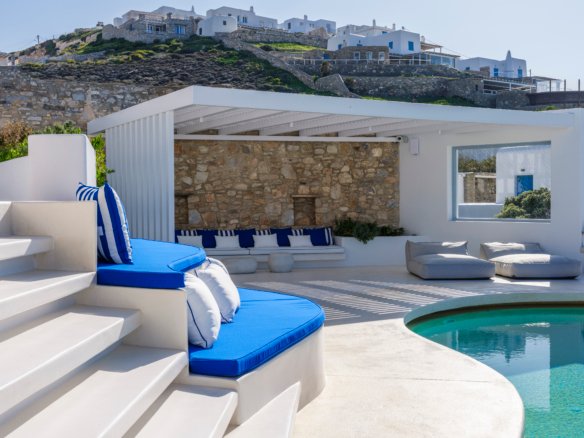 Shaded terrace and pool at Villa Kiya in Kanalia Mykonos